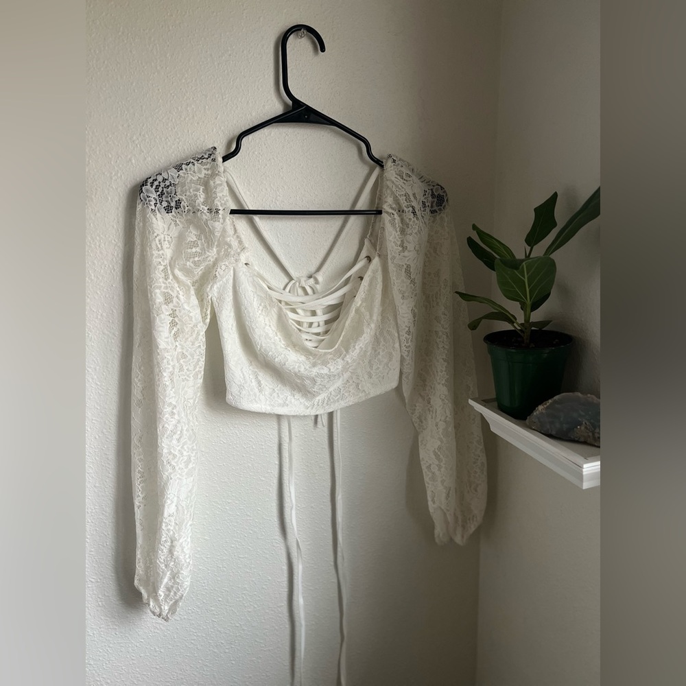 Shein lace top paisley bubble long sleeve corset tie shirt off the shoulder med